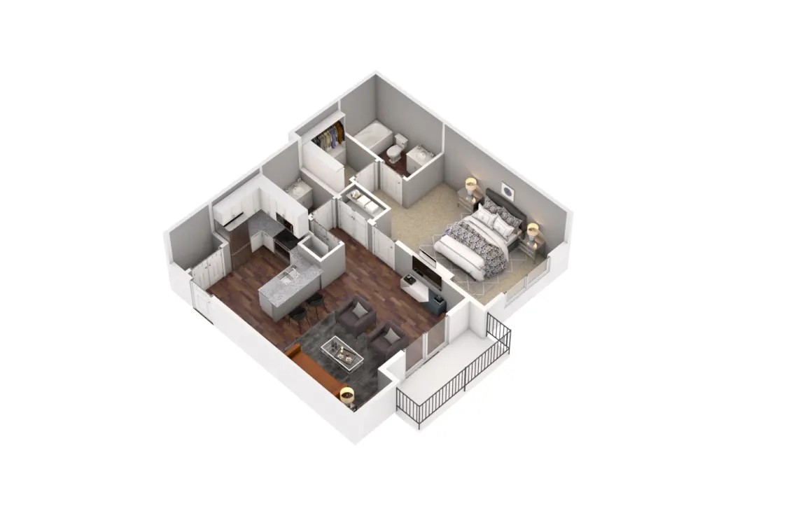Floor plan for 1 bed, 1.5 baths, 801 sqft